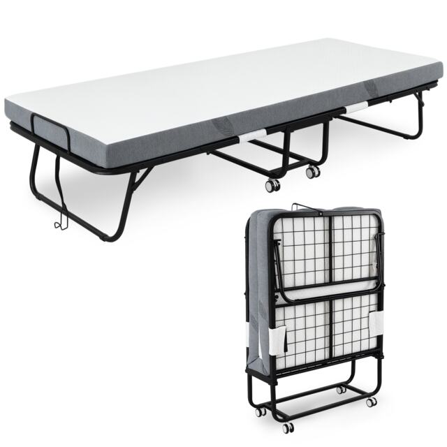 HOMCOM Folding Bed with 10cm Mattress, Portable Foldable Guest Bed with Wheels