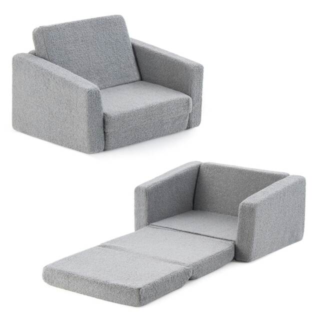 COSTWAY 2-in-1 Kids Convertible Couch Fold out Sofa Bed Grey Chair