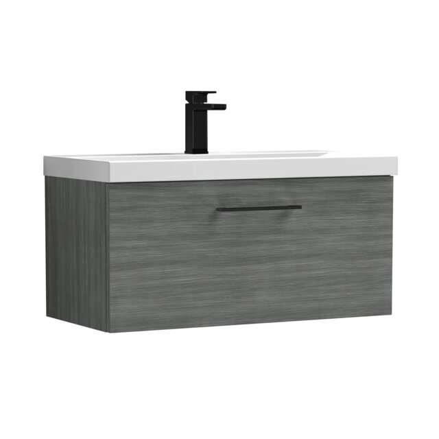 Balterley Wall Hung Bathroom 1 Drawer Vanity Unit and 1 Tap Hole Ceramic Basin, with Handle Grey Anthracite Woodgrain