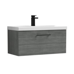 Balterley Wall Hung Bathroom 1 Drawer Vanity Unit and 1 Tap Hole Ceramic Basin, with Handle Grey Anthracite Woodgrain