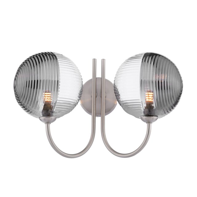 Jared 2 Light Wall Light Satin Nickel With Smoked/Clear Ribbed Glass