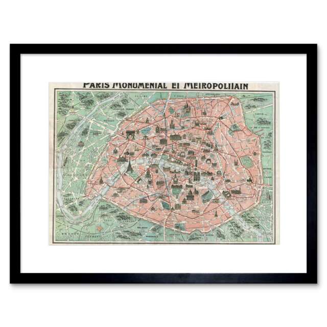"Robelin Paris Monument Map French Artwork 12x16"" Framed Wall Art Print"