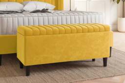 90cm Lined Upholstered Ottoman Storage box - Mustard Gold Plush Velvet Blanket Storage Box with Wooden Legs