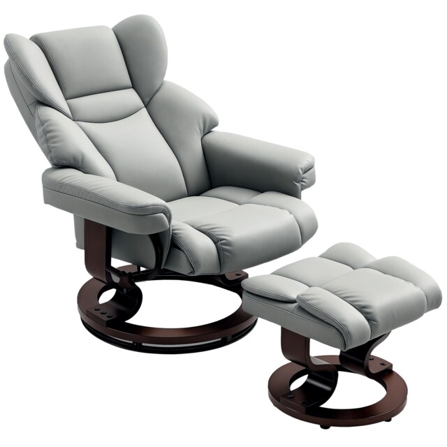 HOMCOM 360 Swivel Recliner Chair with Footstool, PU Leather Manual Recliner Armchair with Footstool, Solid Wood Base, Upholstered Reclining Chair for Living Room, Bedroom, Office, Light Grey