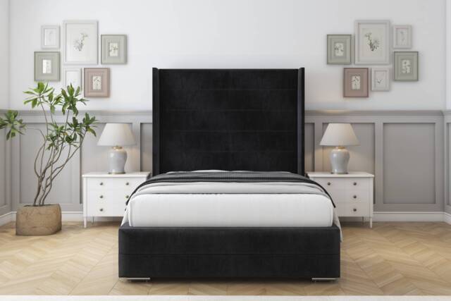 "Sloomy Sterling Black Naples Bed Frame With Mattress With 50"" Upholstered Wingback Headboard 4'6 Double"