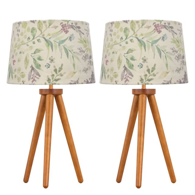 Set of 2 Dark Oak Table Lamp or Bedside Lights with Floral Shades Brown Multi Large 2