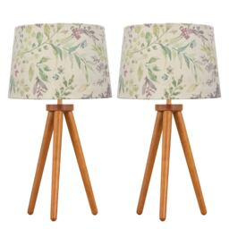 Set of 2 Dark Oak Table Lamp or Bedside Lights with Floral Shades Brown Multi Large 2