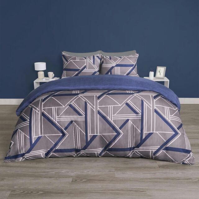 OHS Abstract Geo Print Plain Reverse Duvet Cover and Pillowcase Bedding Set, Double - Grey