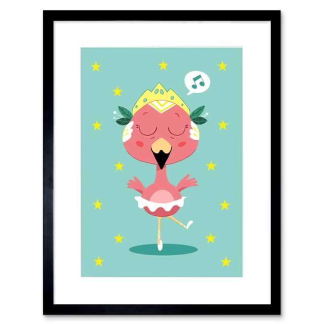 "Flamingo Ballet Princess Kawaii Girl Kids Bedroom 9x7"" Black Framed Wall Art Print"