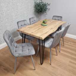 Wooden Dining Table and 6 Grey Velvet Chairs - Stylish Dining Room Furniture