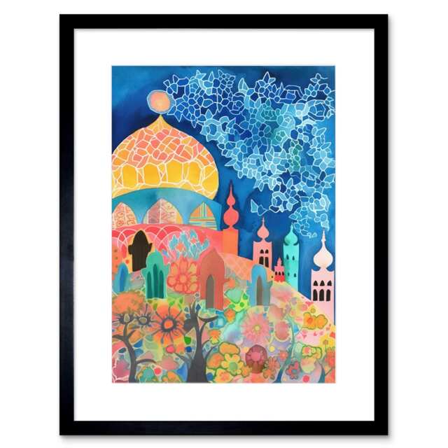 "Islamic Mosque At Night Folk Art Watercolour Painting 9x7"" Black Framed Wall Art Print"