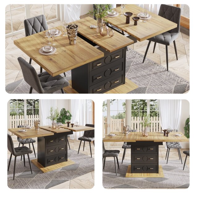 VILUXE 110-140 cm Extendable Dining Table with 2 Drawers, Magnetic Storage Compartment, Locking Metal Extension and MDF Tabletop, Black