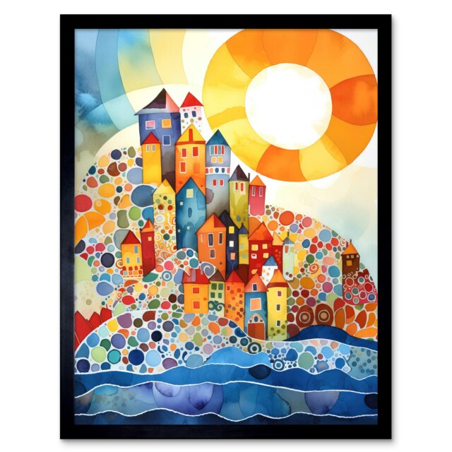 "Abstract Seascape Sunrise Village Folk Art 12x16"" Framed Wall Art Print"