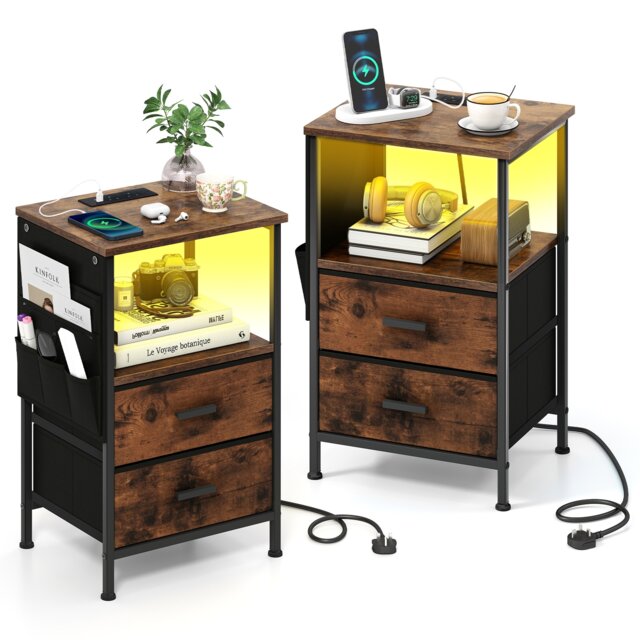 COSTWAY 2 Pcs Bedroom Nightstand End Table with Charging Station Brown