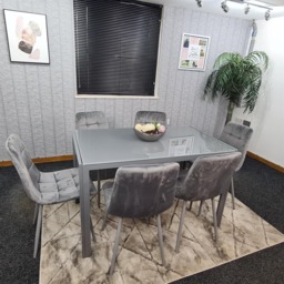 Modern Rectangle Grey Glass Dining Table Set With 6 Grey Velvet Chairs Dining Room Furniture Grey One Size 7