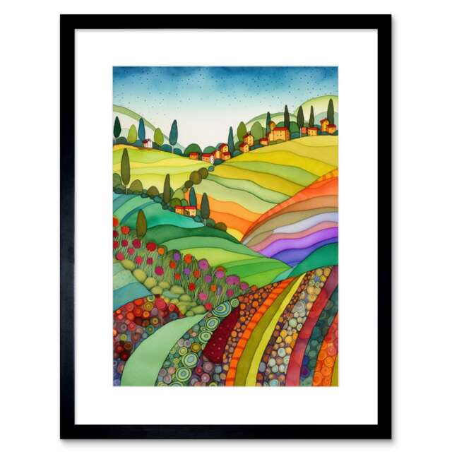 "Abstract Tuscany Hills Landscape Folk Art 9x7"" Black Framed Wall Art Print"