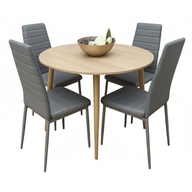 Modern Round Dining Table With 4 Grey Faux Leather Chairs Kitchen Furniture Set