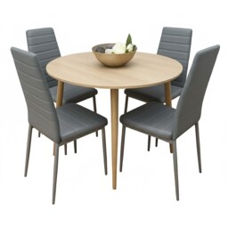 Modern Round Dining Table With 4 Grey Faux Leather Chairs Kitchen Furniture Set
