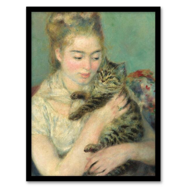 "Woman with a Cat Renoir Vintage Framed Wall Art Print 12X16"""