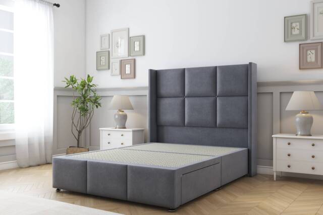 Sloomy Beaumont Steel Plush Divan Bed Base No Drawers With 54 Inch Wingback Headboard & 12 Inch Matching Footboard Grey Steel Super King 1
