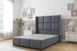 Sloomy Beaumont Steel Plush Divan Bed Base No Drawers With 54 Inch Wingback Headboard & 12 Inch Matching Footboard Grey Steel Super King 1