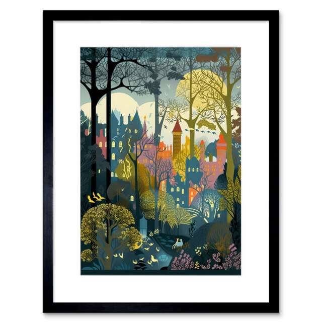 "Village Through Sherwood Forest Tree Landscape 9x7"" Black Framed Wall Art Print"
