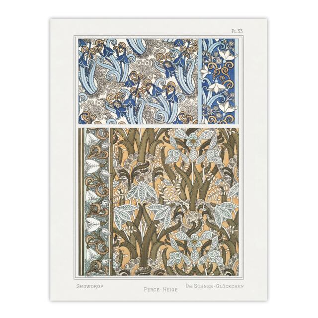 "Snowdrops Nouveau Floral Patterns Vintage Wall Art Print Verneuil 18x24"""