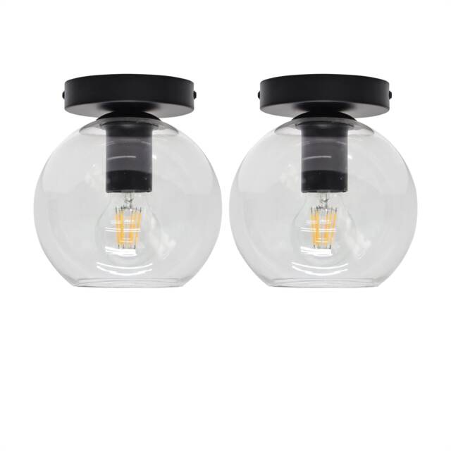 Set of 2 Barnum - Clear Glass Globe Black Ceiling Light Fittings