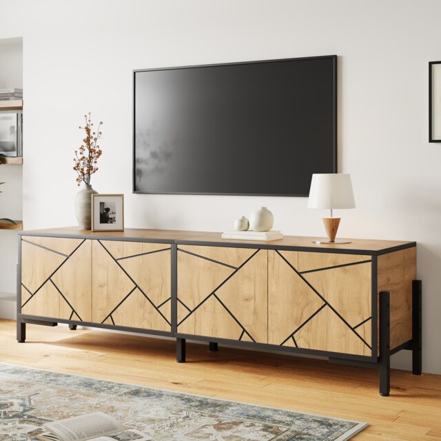VILUXE 153cm Geometric TV Stand for TVs up to 80 Inches with 4 Doors, Adjustable Shelves, Cable Management, Metal Frame and Anti-Tip Fitting, Rustic Brown