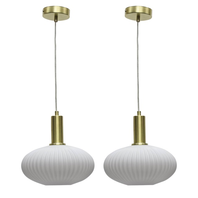 Set of 2 Baton - White Ribbed Oval Glass Satin Brass Deco Pendants