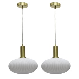 Set of 2 Baton - White Ribbed Oval Glass Satin Brass Deco Pendants
