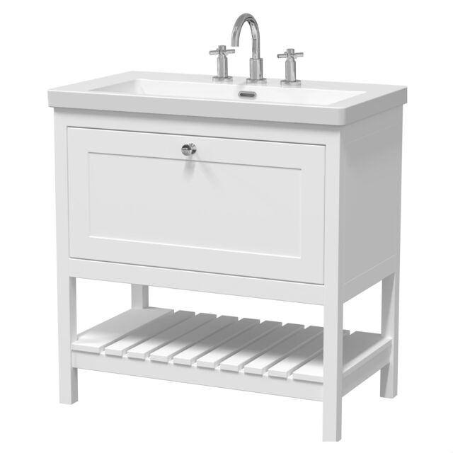 Balterley Coppenhall Contemporary 1 Drawer Floor Standing Vanity Unit with Fireclay Basin, Pure White, 800mm