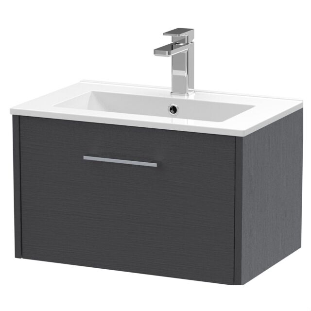 Balterley Winshill Contemporary 1 Drawer Wall Hung Vanity Unit with Minimalist Basin, Woodgrain Dark Grey, 600mm