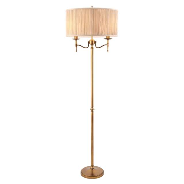 Stanford 2 Light Floor Lamp Antique Brass with Beige Shade, E14
