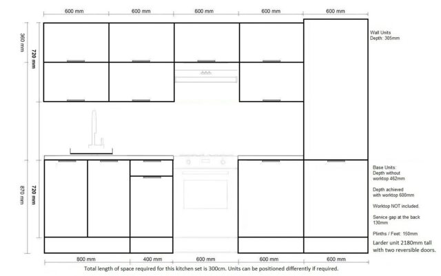 Complete Fitted Kitchen Cabinets Set 11 Unit Wide Larder 60cm Pantry 300cm Light Grey Gloss Star