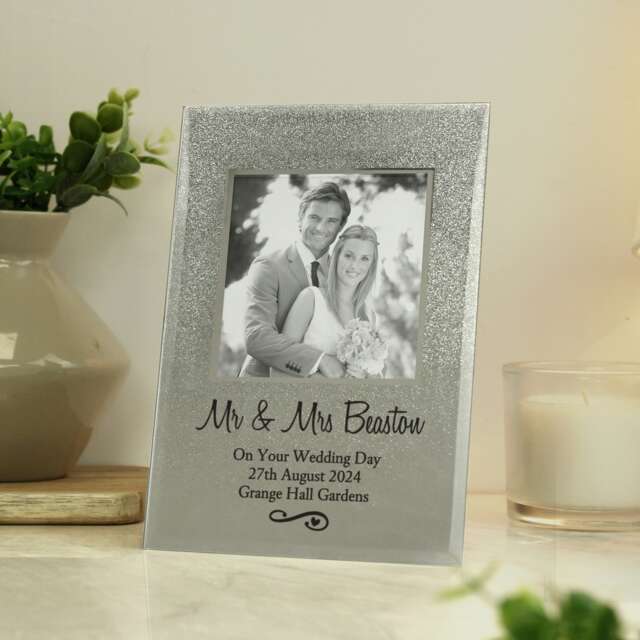 Personalised Heart & Swirl 4x4 Glitter Glass Photo Frame Silver One Size