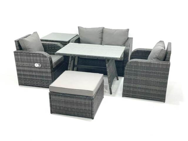 Fimous Outdoor Garden Furniture Set Rattan Sofa Dining Table Set with Reclining Chair Side Table Big Footstool Dark Grey Mixed
