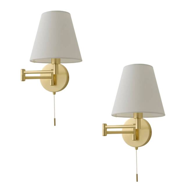 ValueLights Sonia Pair Gold Swing Arm Wall Lights Taper Shade and Bulbs