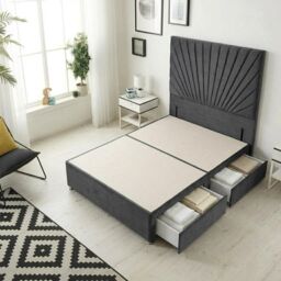Sunburst Divan Bed with 2 Drawers & 54'' Floor Standing Headboard Plush Velvet Grey Charcoal