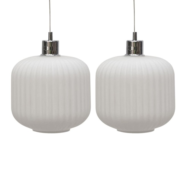 Set of 2 Bento - White Ribbed Glass Easy Fit Pendant Shades White Medium 2