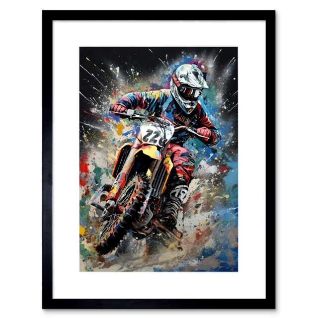 "Motocross Race Action Shot Extreme Sport Painting 9x7"" Black Framed Wall Art Print"