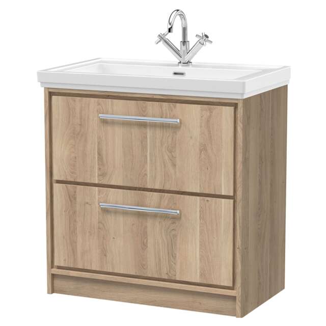 Balterley Longnor 2 Drawer Floor Standing Vanity Unit with 1 Tap Hole Traditional Fireclay Basin, Light Oak, 800mm