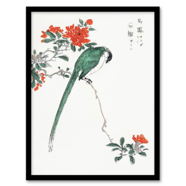 "Long Tailed Tit and Pomegranate Tree Vintage Framed Wall Art Print Kashu 12x16"""