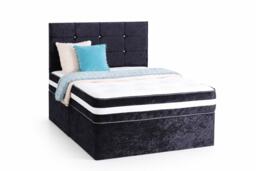 6ft Superking Black Crushed Velvet Divan Bed Set Orthopaedic Mattress with Cube Headboard 2 Drawers One Each Side