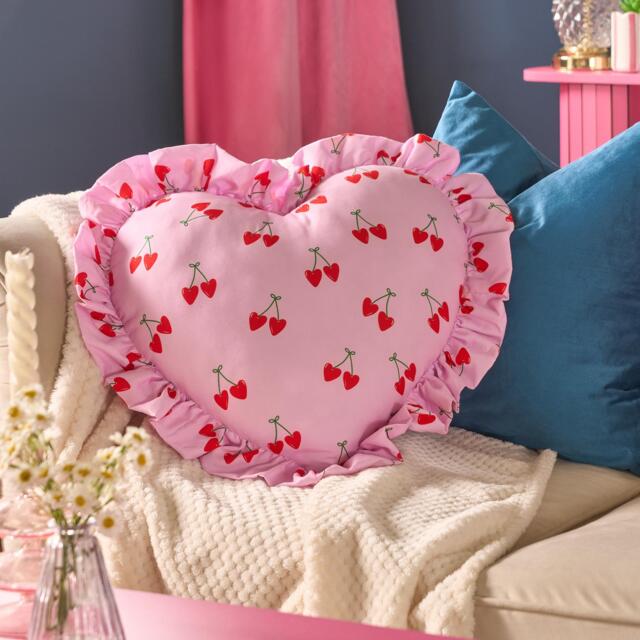 OHS Heart Shaped Frill Scatter Cushion Throw Pillow Multi Pink Cherry