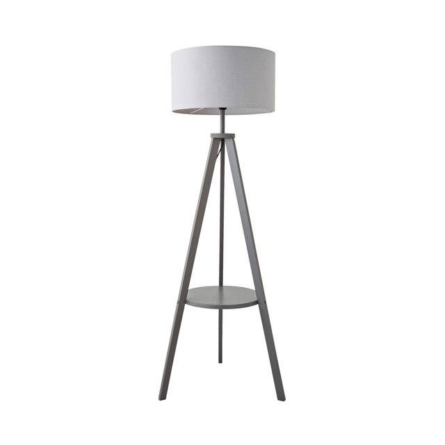 ValueLights Morrigan Grey Shade Grey Wood Shelf Tripod Floor Lamp Grey