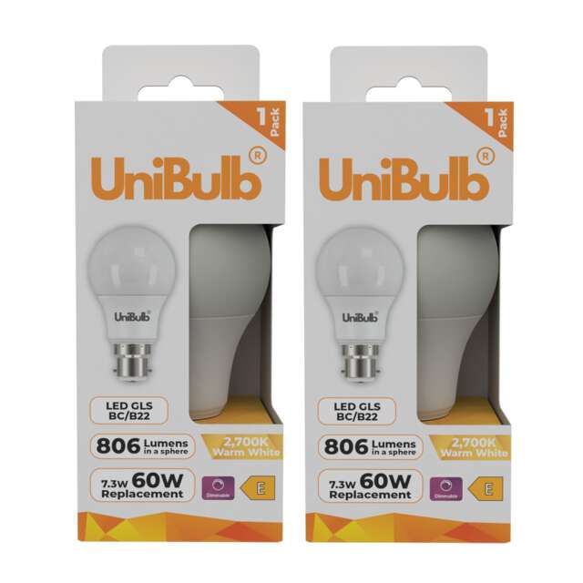 UniBulb LED GLS B22 Bayonet Cap (BC) 806lm 7.3W (Replaces 60W) 2700K (Warm White) Dimmable Light Bulb - Pack of 2