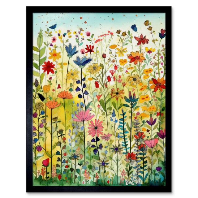 "Mixed Wildflower Bloom In Meadow Folk Art 12x16"" Framed Wall Art Print"