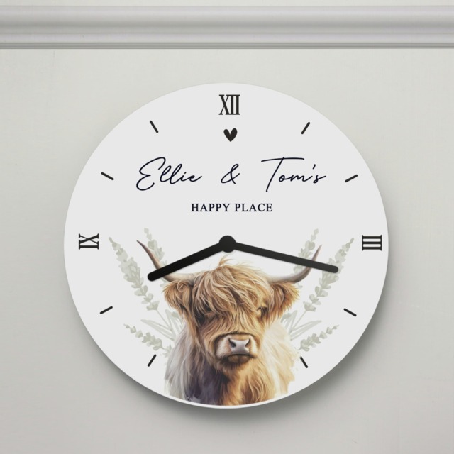 Personalised Highland Cow Wooden Clock White