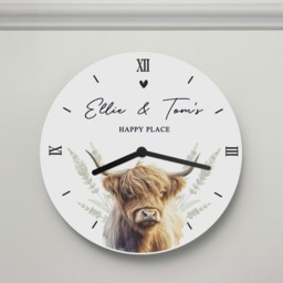 Personalised Highland Cow Wooden Clock White